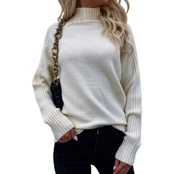 Cream Ribbed Mock Neck Sweater - Picture 3 of 8